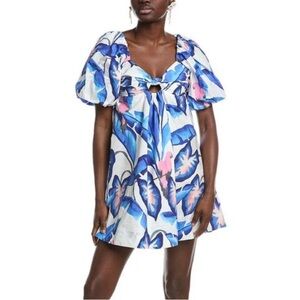 Farm Rio Womens  Blue Foliage Off White Mini Dress, Blue Size S Small NWT